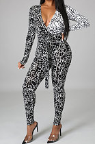 Black White Wholesale Contarstcolor Spliced Letter Printing Long Sleeve V Collar Beltband Bodycon Jumpsuits TL6611-2