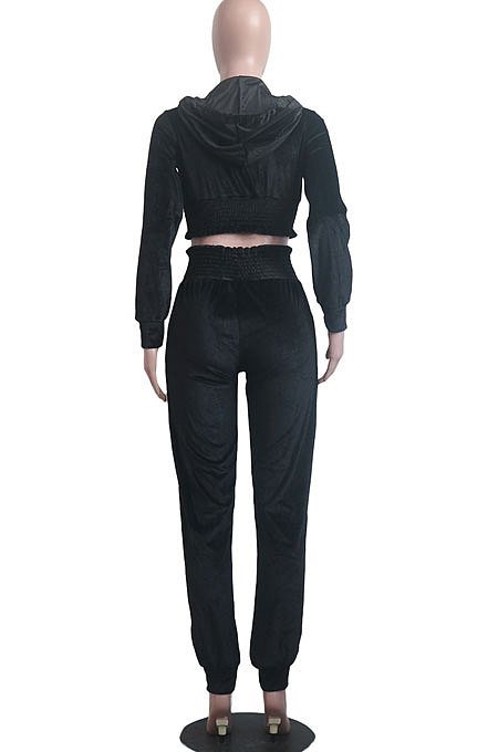 Wine Red Casual Velvet Pure Color Long Sleeve Zip Front Hoodie High Waist Elasticbelt Sweat Pants Sets SY8826-1