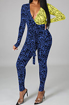 Blue Yellow Wholesale Contarstcolor Spliced Letter Printing Long Sleeve V Collar Beltband Bodycon Jumpsuits TL6611-1