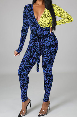 Blue Yellow Wholesale Contarstcolor Spliced Letter Printing Long Sleeve V Collar Beltband Bodycon Jumpsuits TL6611-1