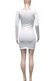White Women Long Sleeve Autumn Ribber Eyelet Tied Solid Color Bodycon Mini Dress Q965-1