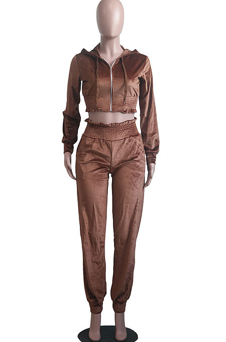 Grey Casual Velvet Pure Color Long Sleeve Zip Front Hoodie High Waist Elasticbelt Sweat Pants Sets SY8826-5