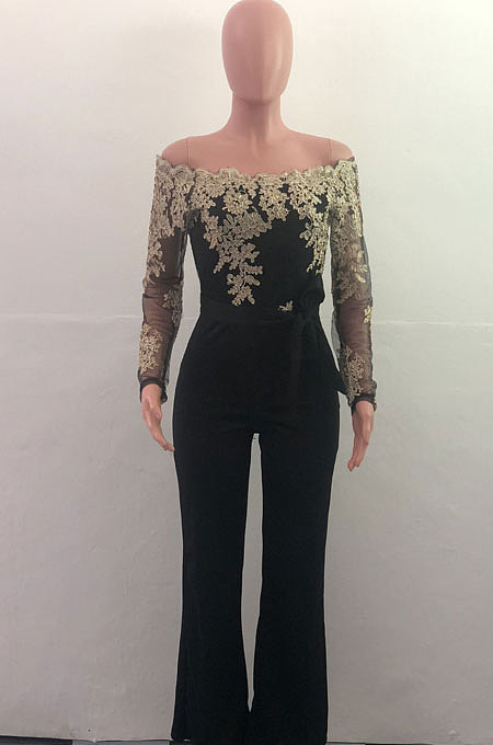 Black Bodycon Long Sleeve Embroidered Lace Patchwork Strapless Wide Leg Jumpsuits QZ3227-3