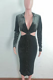 Orange Fashion Velvet Elastic Long Sleeve Deep V Neck Hollow Out Wrap Dress QZ7004-3