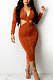 Orange Fashion Velvet Elastic Long Sleeve Deep V Neck Hollow Out Wrap Dress QZ7004-3