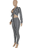Rose Red Women Sexy Printing Long Sleeve V Collar Tied Bodycon Pants Sets FFE183-3