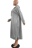 Wine Red Cotton Blend Casual Pure Color Long Sleeve Loose Hooded Dress H1726-1