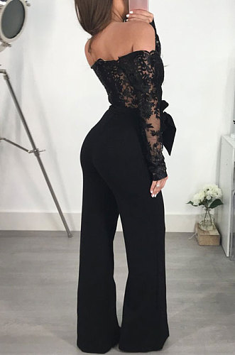 Black Bodycon Long Sleeve Embroidered Lace Patchwork Strapless Wide Leg Jumpsuits QZ3227-3
