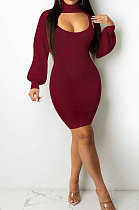 Wine Red Sexy Simple Pure Color Lantern Sleeve Half A Shawl+Bodycon Hip Dress Two-Piece TL6617-2