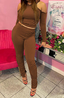 Coffee Casual Cotton Blend Off Shoulder Long Sleeve Back Bandage Hoodie High Waist Slit Ruffle Pants Solid Color Sets WM21907-3