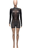 Apricot Women Long Sleeve Round Collar Hot Drilling Sexy Mesh Spaghetti Romper Shorts Q943-3