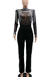 Red Women Fashion Sexy Bodycon High Collar Perspectivity Bling Bling Tassel Bodycon Jumpsuits CCY9232B-2