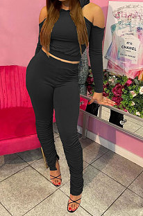Black Casual Cotton Blend Off Shoulder Long Sleeve Back Bandage Hoodie High Waist Slit Ruffle Pants Solid Color Sets WM21907-1