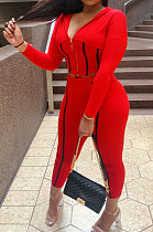 Red Sports Whoelsale Strip Line Spliced Long Sleeve Zip Hoodie Pencil Pants Slim Fitting Sets WM21818-3