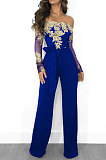 Blue Gold Side Bodycon Long Sleeve Embroidered Lace Patchwork Strapless Wide Leg Jumpsuits QZ3227-4