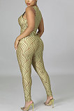 Khaki Trendy Sexy Printing Sleeveless Hollow Out Tight Skinny Mid Waist Bodycon Jumpsuits CCY9236-1