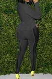 Black Simple Wholesale Long Sleeve High Neck Bodycon Tops Pencil Pants Slim Fitting Sets L0363-2