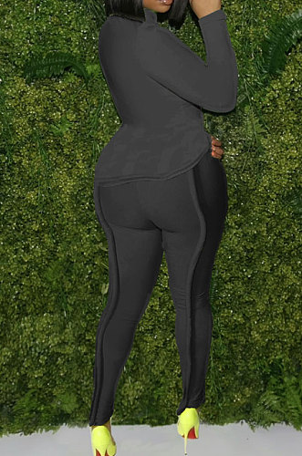 Black Simple Wholesale Long Sleeve High Neck Bodycon Tops Pencil Pants Slim Fitting Sets L0363-2