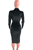 Orange Fashion Velvet Elastic Long Sleeve Deep V Neck Hollow Out Wrap Dress QZ7004-3