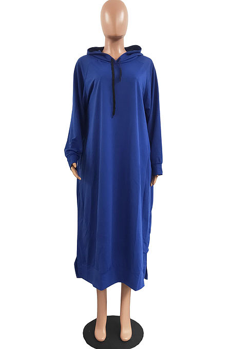 Blue Cotton Blend Casual Pure Color Long Sleeve Loose Hooded Dress H1726-5