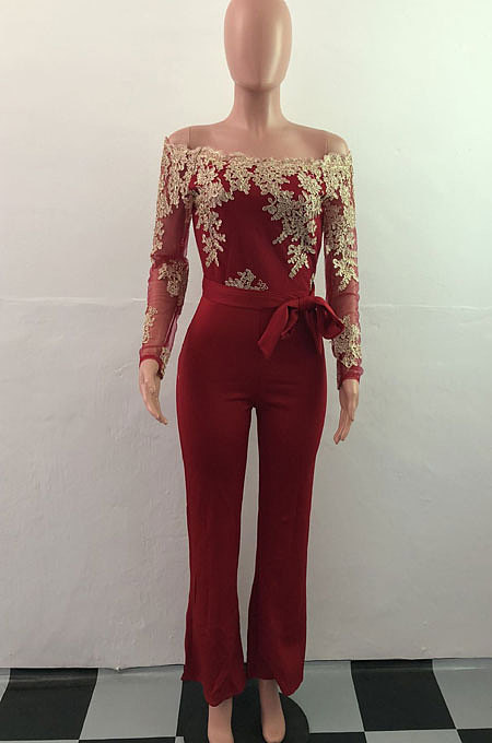 Black Bodycon Long Sleeve Embroidered Lace Patchwork Strapless Wide Leg Jumpsuits QZ3227-3