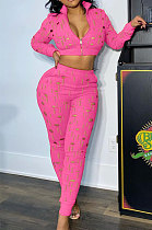 Rose Pink Women Autumn Hole Zipper Tops Coat Pure Color Mid Waist Pants Sets Q964-3