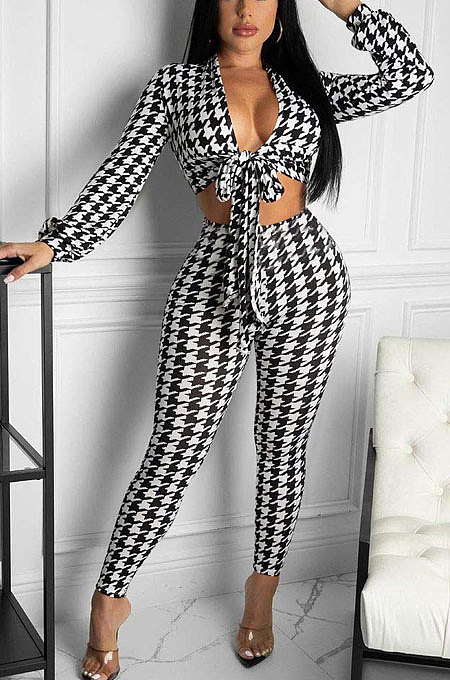 White Women Sexy Printing Long Sleeve V Collar Tied Bodycon Pants Sets FFE183-1