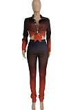 Red Women Fashion Gradient Long Sleeve Turn-Down Collar Single-Breasted Pants Sets FFE185-1