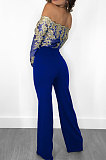 Wine Red Bodycon Long Sleeve Embroidered Lace Patchwork Strapless Wide Leg Jumpsuits QZ3227-1