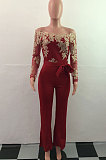 Wine Red Bodycon Long Sleeve Embroidered Lace Patchwork Strapless Wide Leg Jumpsuits QZ3227-1