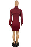 Wine Red Sexy Simple Pure Color Lantern Sleeve Half A Shawl+Bodycon Hip Dress Two-Piece TL6617-2