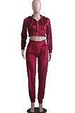 Grey Casual Velvet Pure Color Long Sleeve Zip Front Hoodie High Waist Elasticbelt Sweat Pants Sets SY8826-5