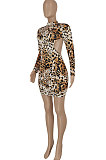 Leopard Women Sexy Backless Long Sleeve Half Turtle Neck Bodycon Mini Dress FFE182