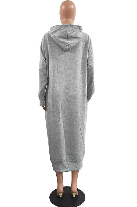 Blue Cotton Blend Casual Pure Color Long Sleeve Loose Hooded Dress H1726-5