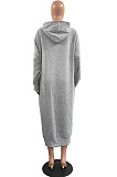 Wine Red Cotton Blend Casual Pure Color Long Sleeve Loose Hooded Dress H1726-1