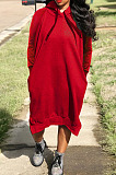 Wine Red Cotton Blend Casual Pure Color Long Sleeve Loose Hooded Dress H1726-1
