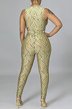 Khaki Trendy Sexy Printing Sleeveless Hollow Out Tight Skinny Mid Waist Bodycon Jumpsuits CCY9236-1