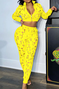 Yellow Women Autumn Hole Zipper Tops Coat Pure Color Mid Waist Pants Sets Q964-1