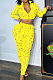 Yellow Women Autumn Hole Zipper Tops Coat Pure Color Mid Waist Pants Sets Q964-1