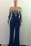 Wine Red Bodycon Long Sleeve Embroidered Lace Patchwork Strapless Wide Leg Jumpsuits QZ3227-1