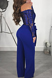 Wine Red Bodycon Long Sleeve Embroidered Lace Patchwork Strapless Wide Leg Jumpsuits QZ3227-1