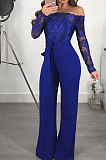Wine Red Bodycon Long Sleeve Embroidered Lace Patchwork Strapless Wide Leg Jumpsuits QZ3227-1
