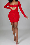 Black Women Long Sleeve Autumn Ribber Eyelet Tied Solid Color Bodycon Mini Dress Q965-3