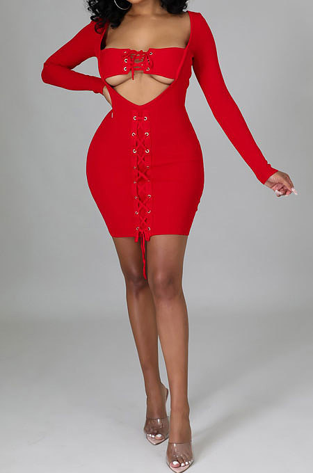 Black Women Long Sleeve Autumn Ribber Eyelet Tied Solid Color Bodycon Mini Dress Q965-3