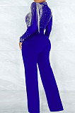 Blue Women Fashion Sexy Bodycon High Collar Perspectivity Bling Bling Tassel Bodycon Jumpsuits CCY9232B-3