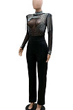 Blue Women Fashion Sexy Bodycon High Collar Perspectivity Bling Bling Tassel Bodycon Jumpsuits CCY9232B-3