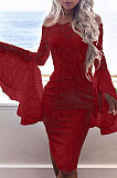 Navy Blue Sexy Fashion A Wrod Shoulder Horn Sleeve Lace Strapless Hip Dress QZ3072-2