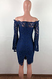 Wine Red Sexy Fashion A Wrod Shoulder Horn Sleeve Lace Strapless Hip Dress QZ3072-1