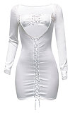 Red Women Long Sleeve Autumn Ribber Eyelet Tied Solid Color Bodycon Mini Dress Q965-2
