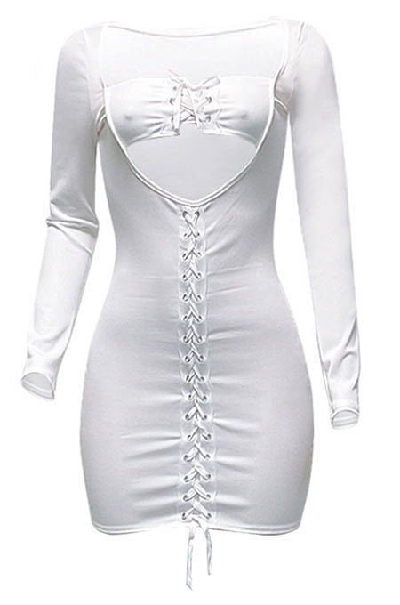 Red Women Long Sleeve Autumn Ribber Eyelet Tied Solid Color Bodycon Mini Dress Q965-2